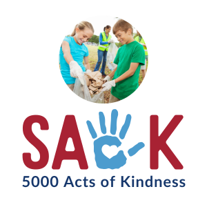 A circular photo shows two children volunteering outdoors, wearing gloves and holding a trash bag, above the text 'SAK 5000 Acts of Kindness'.